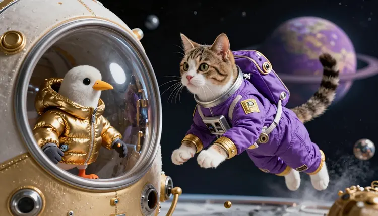 A cat in space jumping towards a golden space capsule. The cat is wearing a purple astronaut suit with golden accents and a golden "P" on it. In the space ship one can see a bird wearing a golden puff jacket.  There is only a purple planet in the background.
