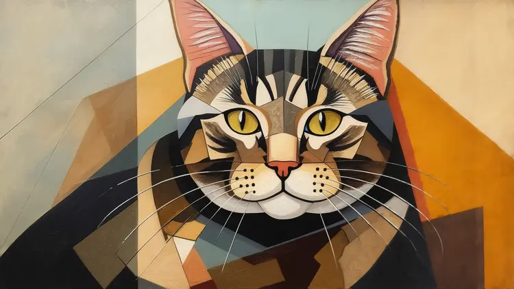 an abstract cubism painting of a cat