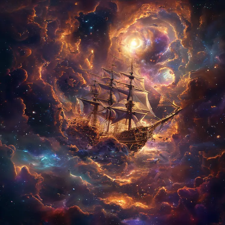 Pirate ship trapped in a cosmic maelstrom nebula, rendered in cosmic beach whirlpool engine, volumetric lighting, spectacular, ambient lights, light pollution, cinematic atmosphere, art nouveau style, illustration art artwork by SenseiJaye, intricate detail.