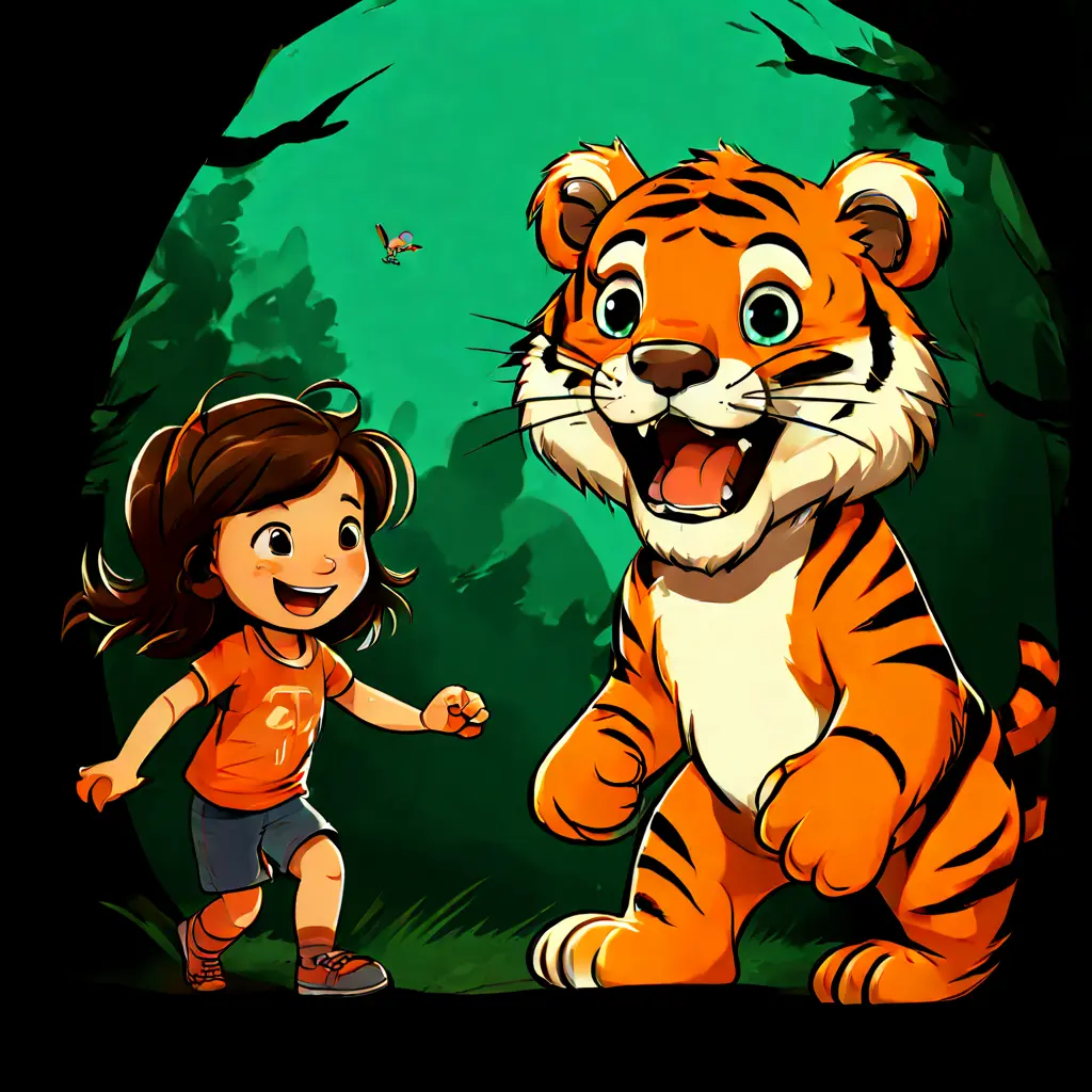 a cartoon of a girl playing with a big tiger