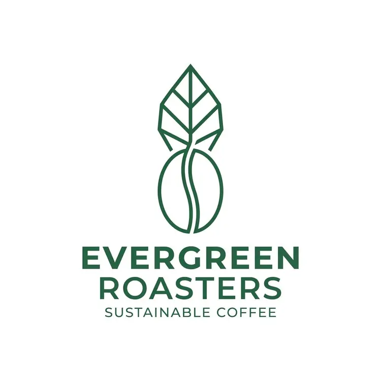 A modern minimalist logo for a sustainable coffee brand called 'EVERGREEN ROASTERS'. The logo features a stylized coffee leaf integrated with a coffee bean. Clean geometric lines, forest green and cream color scheme. White background.