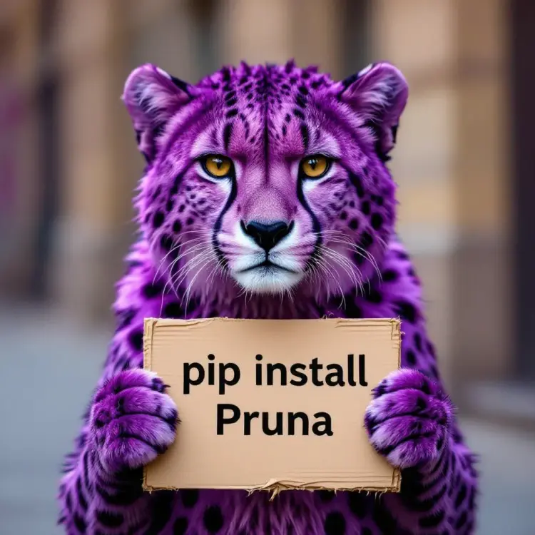 a purple cheetah holding a sign that says "pip install pruna"