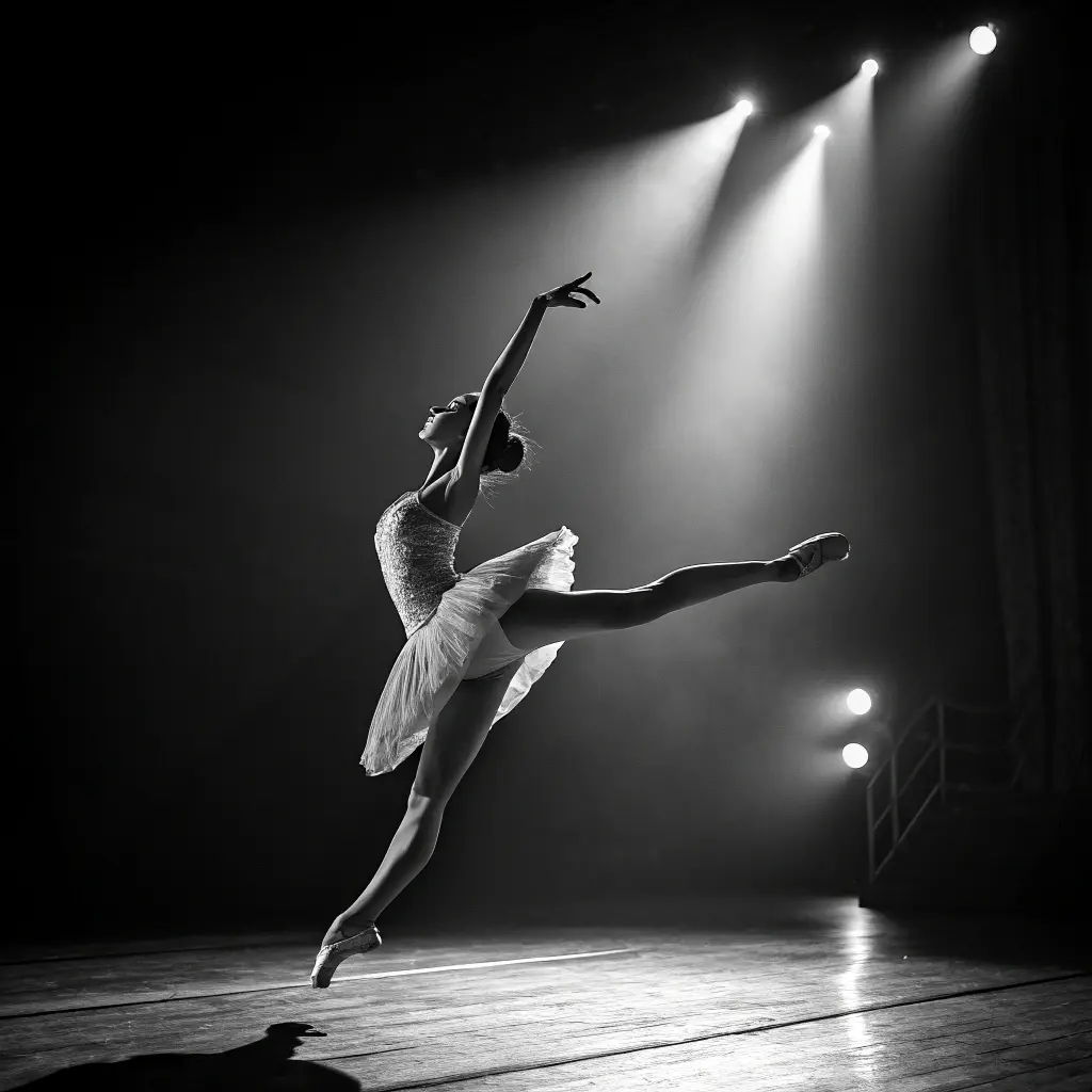 A dramatic, black and white photograph of a ballet dancer mid-leap, with a spotlight illuminating their graceful pose, photorealistic portrait