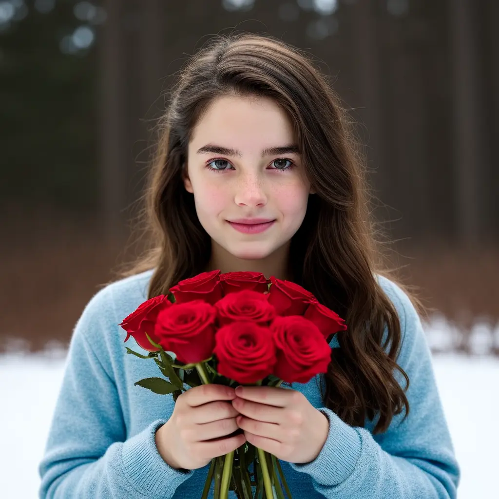 👧 with 🌹 in the ❄️