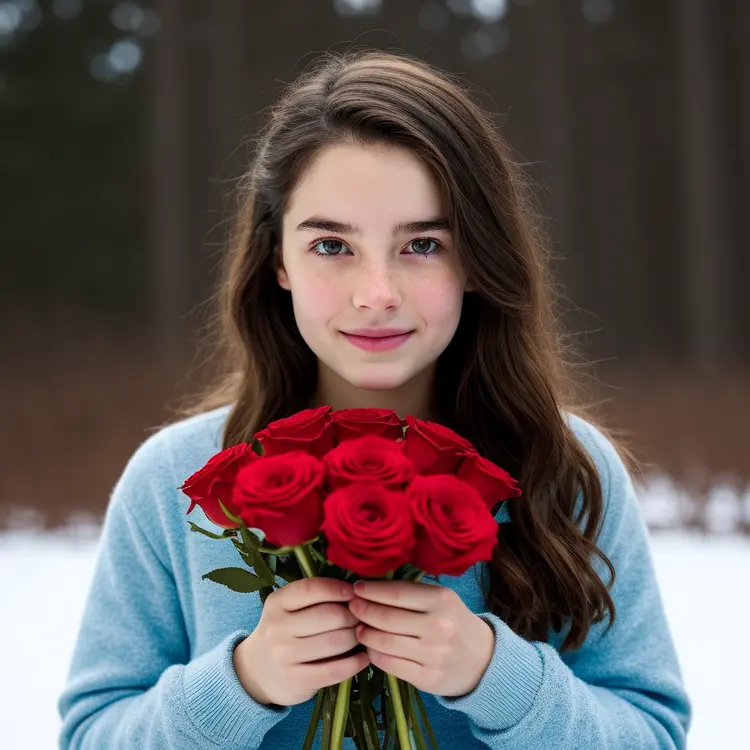 👧 with 🌹 in the ❄️