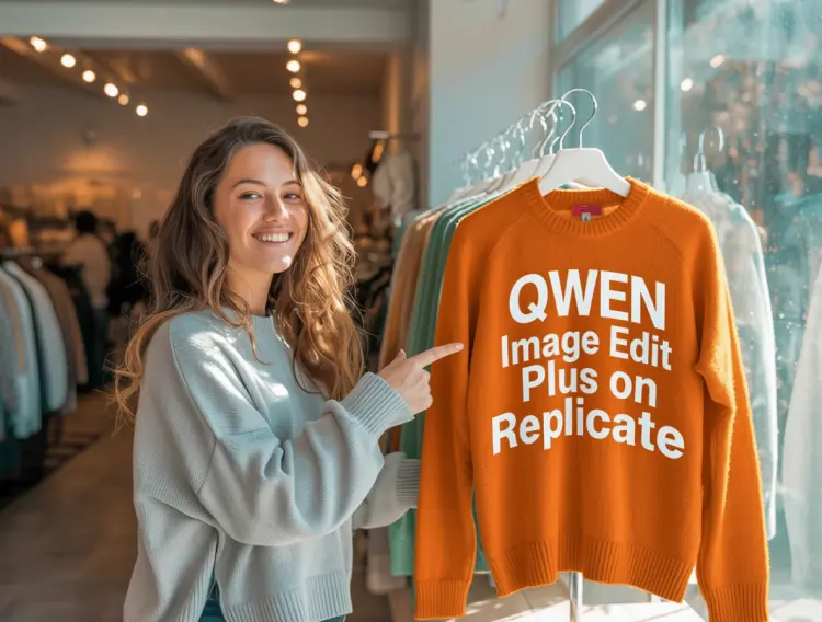 Change the sweater to be orange with white text "Qwen Image Edit Plus"