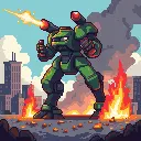 bipedal mech stomping through burning city firing missiles