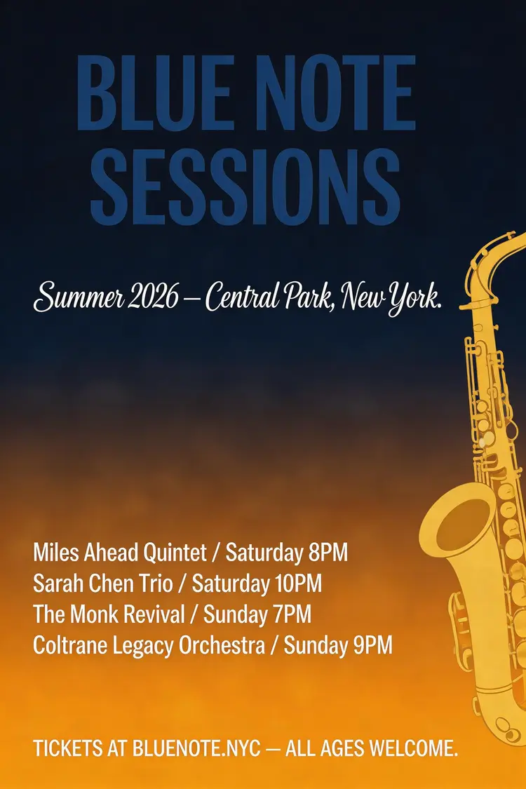 A large-format typographic poster for a fictional jazz festival. At the top in bold condensed sans-serif: "BLUE NOTE SESSIONS" in deep navy. Below in elegant script: "Summer 2026 — Central Park, New York." The poster lists four performers: "Miles Ahead Quintet / Saturday 8PM" "Sarah Chen Trio / Saturday 10PM" "The Monk Revival / Sunday 7PM" "Coltrane Legacy Orchestra / Sunday 9PM". A stylized golden saxophone silhouette runs vertically along the right edge. Background is a gradient from midnight blue to warm amber. At the bottom in small caps: "Tickets at bluenote.nyc — All ages welcome."