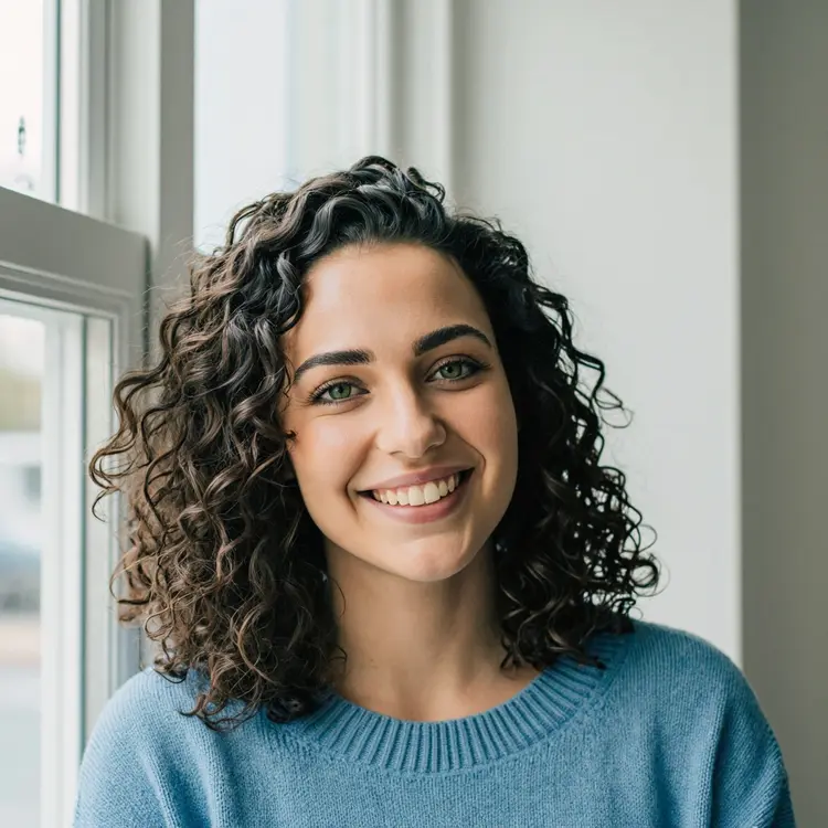 Realism A realistic photo portrait of a young woman with curly dark hair and green eyes, laughing gently in natural window light, wearing a soft blue sweater.