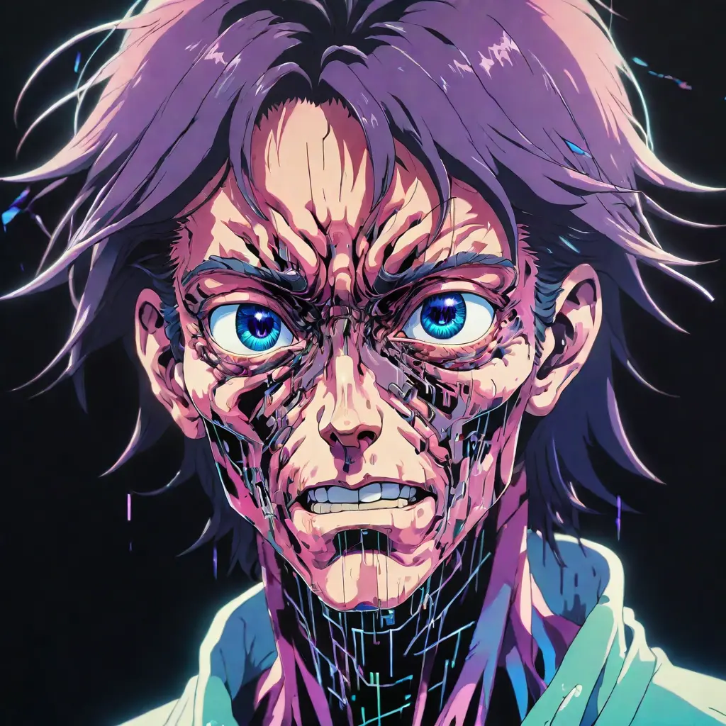 1980s anime portrait of a character glitching. His face is separated from his body by heavy static. His face is deformed by pain. Dream-like, analog horror, glitch, terrifying