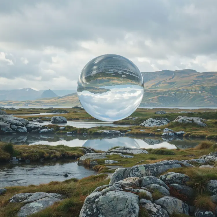 A photorealistic image of a giant floating glass sphere in a rocky landscape surrounded by a gentle mist.
