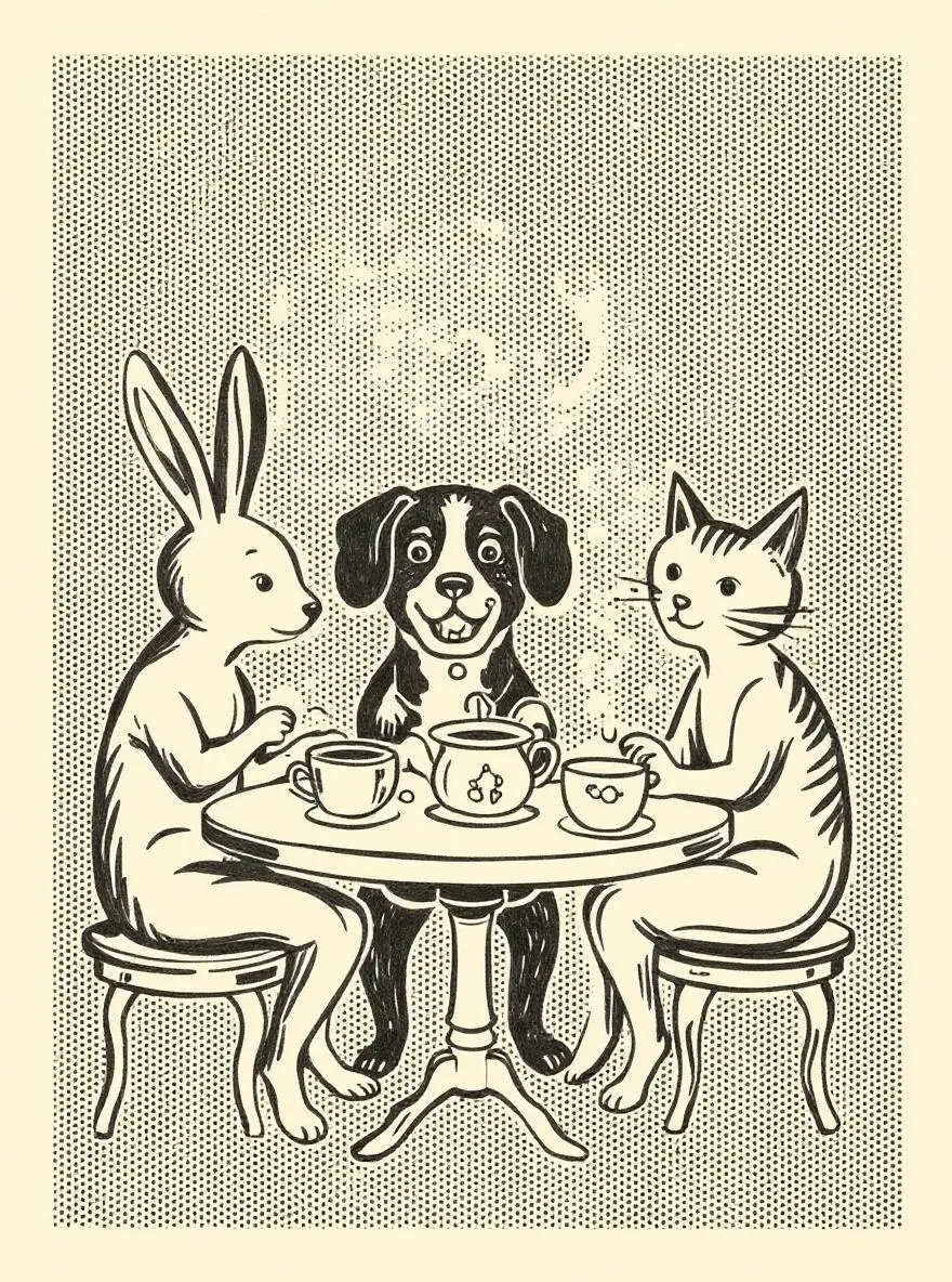 Using this style, a bunny, a dog and a cat are having a tea party seated around a small white table