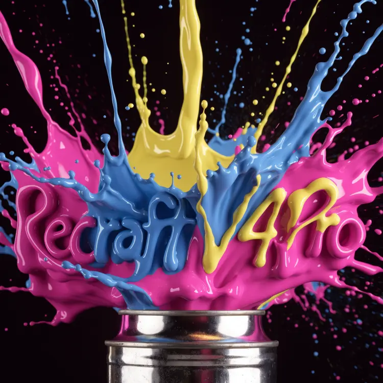 The words 'Recraft V4 Pro' exploding out of a paint can, thick splatters of vibrant magenta, electric blue, neon yellow and hot pink paint flying through the air in slow motion, black background, high speed photography