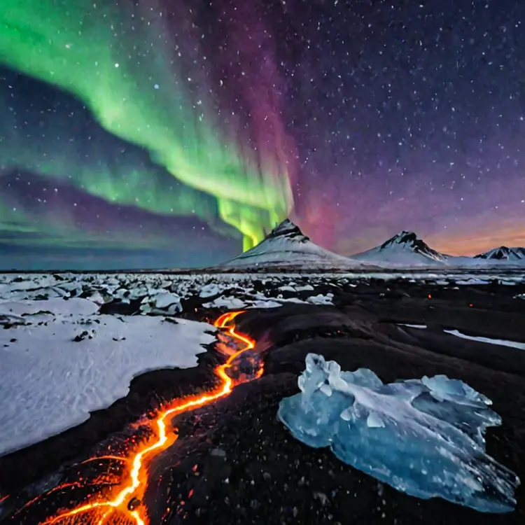 A landscape photo of iceland, with aurora, snow, ice and erupting lava