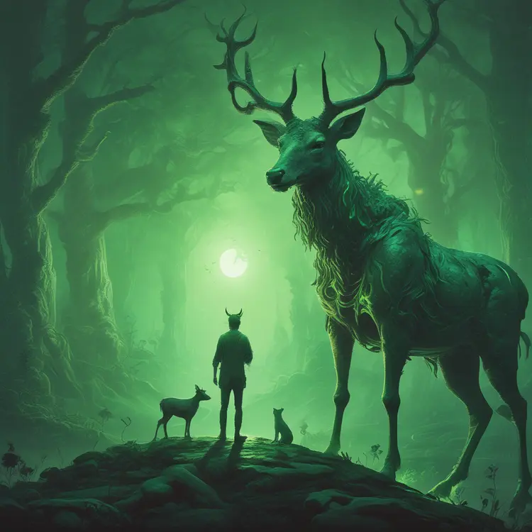 In a fantastical scene, a creature with a human head and deer body emanates a green light