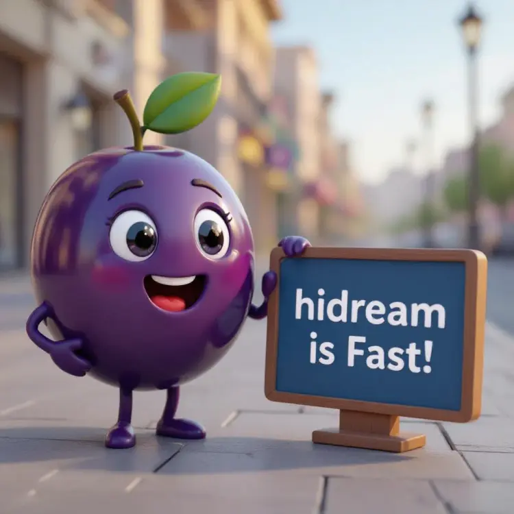 a happy spherical purple prune emoji and a sign that says "hidream is Fast!"
