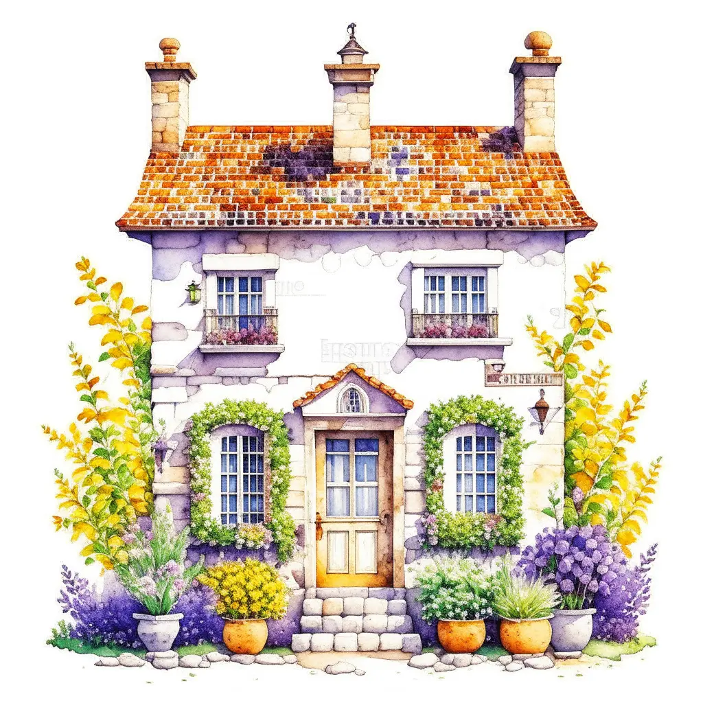 watercolor mixed media masterpiece beautiful white cozy house with chimneys, a  purple door, richly decorated with lupine, flower pots overgrown with moss, Provence, gold accents, shabby chic style, isolated on white, extremely photorealistic details, realistic high detail, high resolution 
